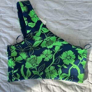 New Zara Womens One Shoulder Crop Top Floral Navy Green Print Size M NWT